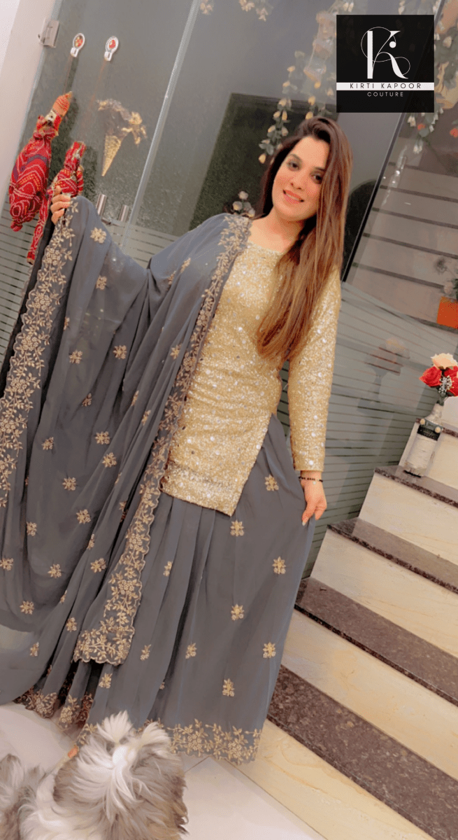 Sequence Shirt with Grey Skirt and Dupatta - Kirti Kapoor Couture