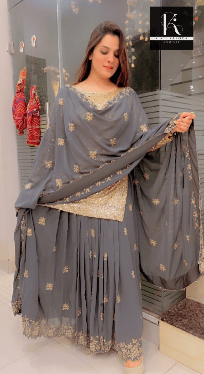 Sequence Shirt with Grey Skirt and Dupatta - Kirti Kapoor Couture