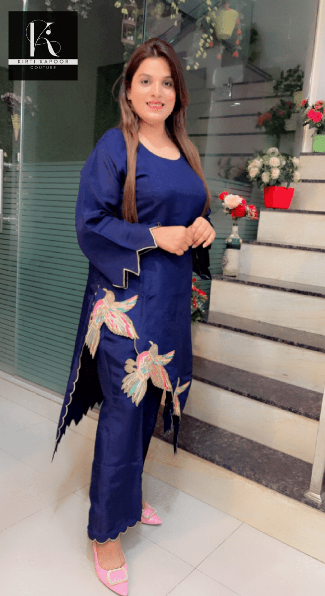 Silk Set with Hand - Embroidered Birds on Border - Kirti Kapoor Couture