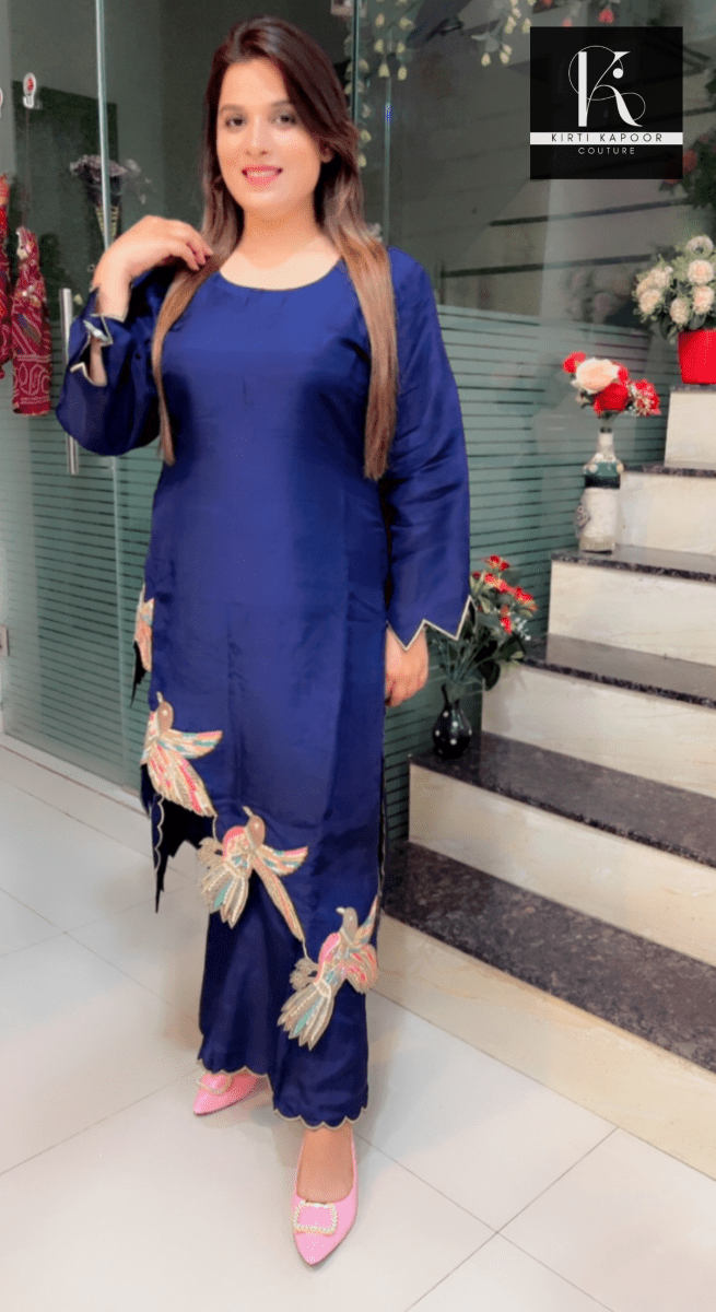 Silk Set with Hand - Embroidered Birds on Border - Kirti Kapoor Couture