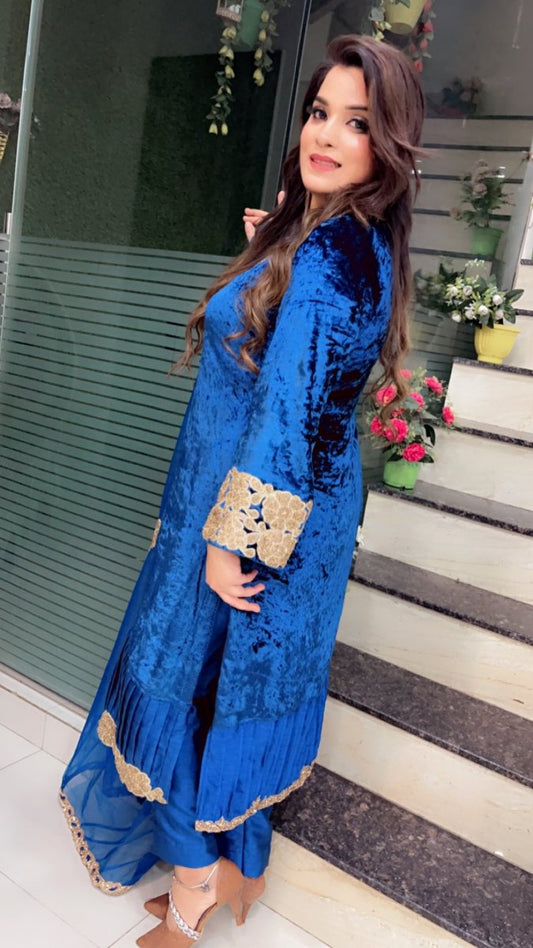 Silk Velvet Embroidered Suit with Designer Organza Dupatta - Kirti Kapoor Couture