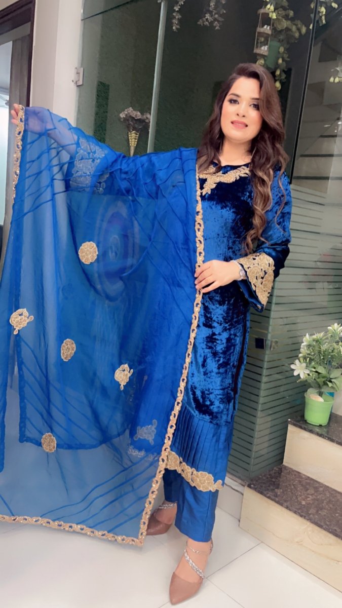 Silk Velvet Embroidered Suit with Designer Organza Dupatta - Kirti Kapoor Couture