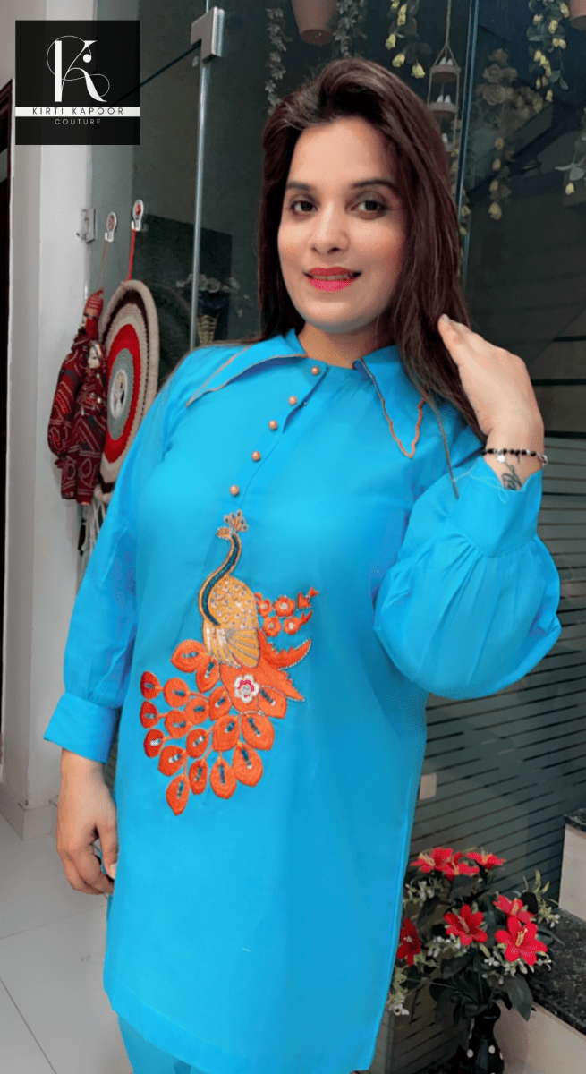 Sky Blue Co - ord With Orange Embroidered Peacock - Kirti Kapoor Couture