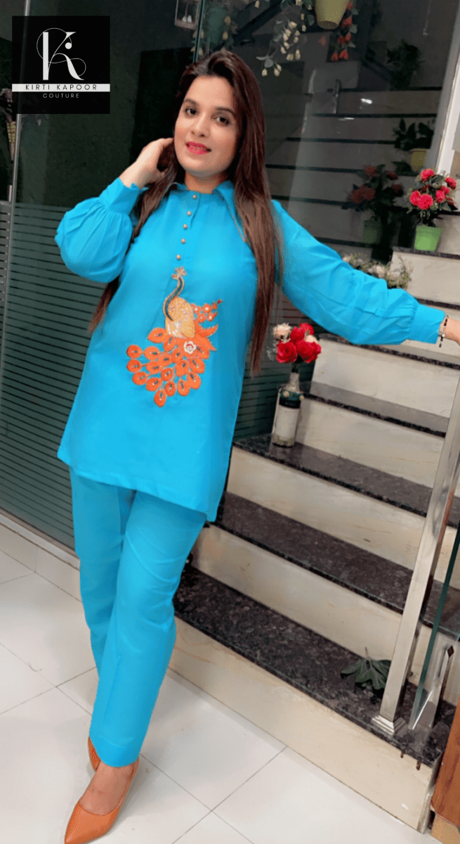 Sky Blue Co - ord With Orange Embroidered Peacock - Kirti Kapoor Couture
