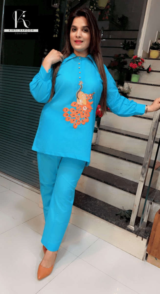 Sky Blue Co - ord With Orange Embroidered Peacock - Kirti Kapoor Couture