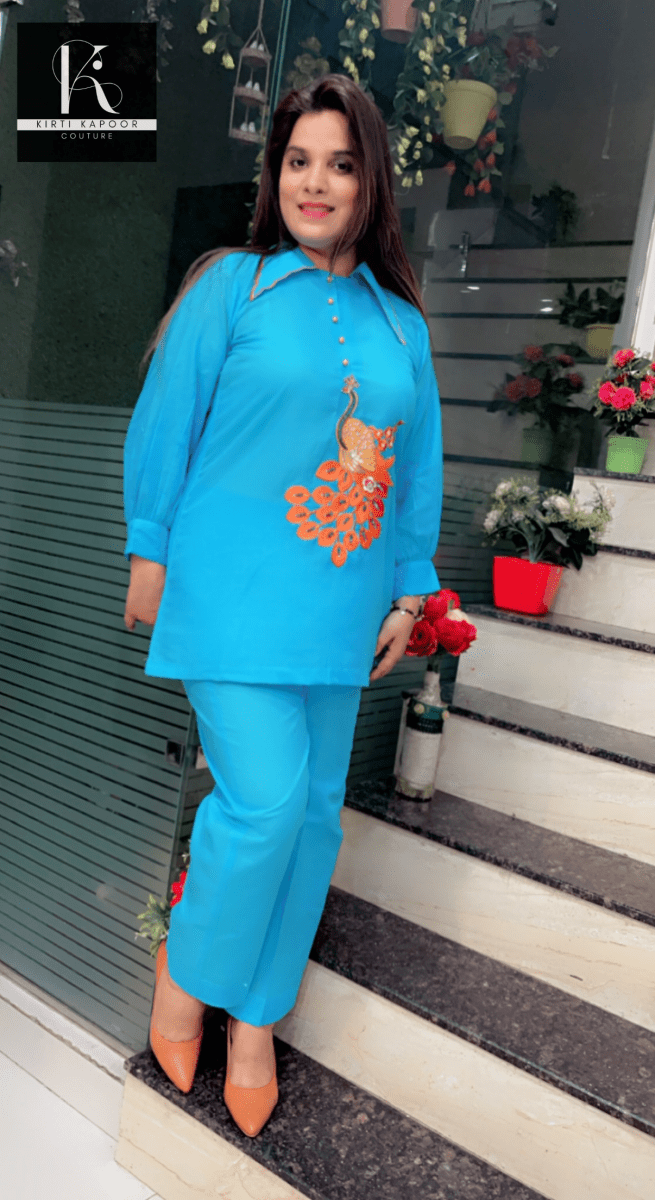 Sky Blue Co - ord With Orange Embroidered Peacock - Kirti Kapoor Couture
