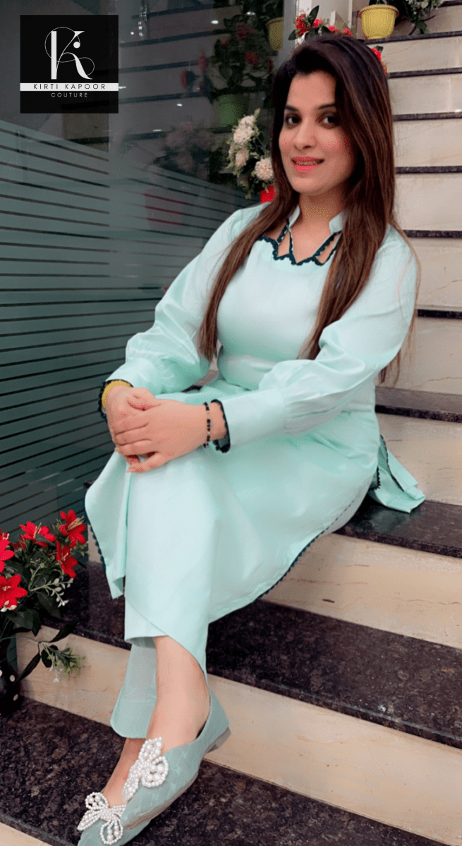 Sky Blue Designer Kurti with Pant - Kirti Kapoor Couture
