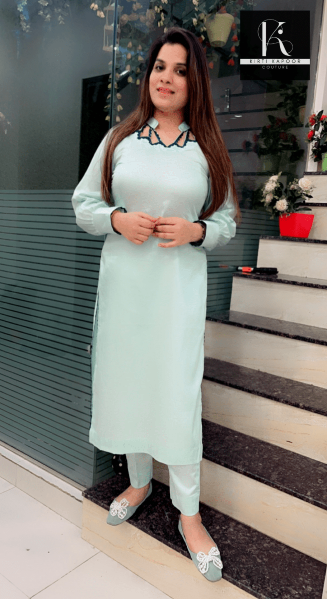 Sky Blue Designer Kurti with Pant - Kirti Kapoor Couture