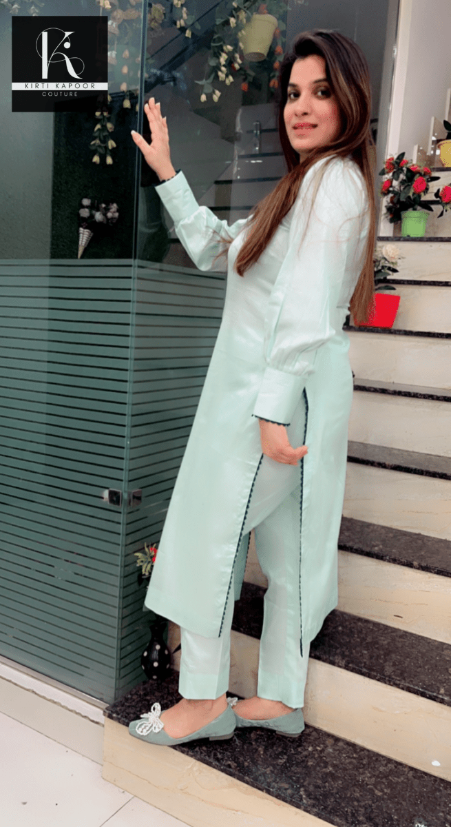 Sky Blue Designer Kurti with Pant - Kirti Kapoor Couture