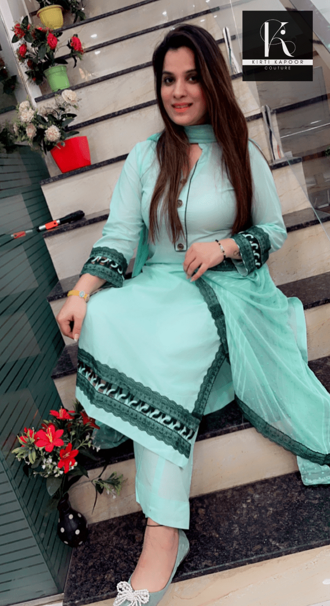 Sky Blue Designer Suit With Lace - Worked Dupatta (Peacock Highlights) - Kirti Kapoor Couture