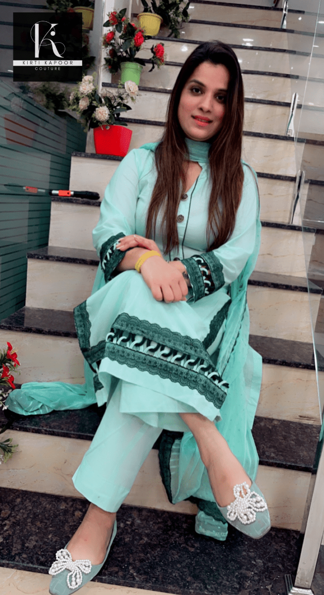 Sky Blue Designer Suit With Lace - Worked Dupatta (Peacock Highlights) - Kirti Kapoor Couture