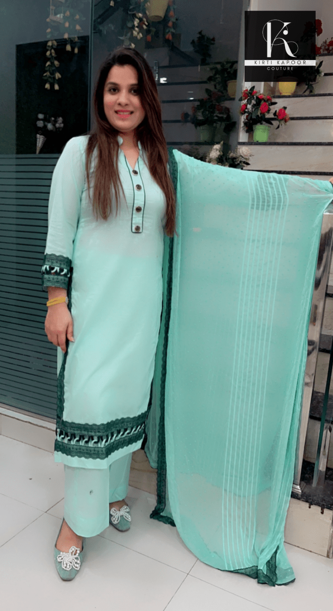 Sky Blue Designer Suit With Lace - Worked Dupatta (Peacock Highlights) - Kirti Kapoor Couture