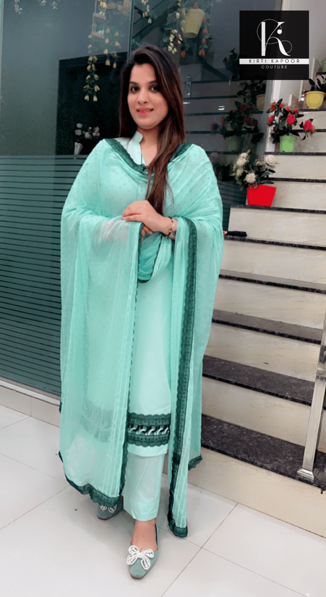 Sky Blue Designer Suit With Lace - Worked Dupatta (Peacock Highlights) - Kirti Kapoor Couture
