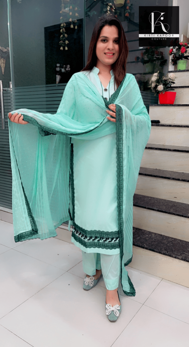 Sky Blue Designer Suit With Lace - Worked Dupatta (Peacock Highlights) - Kirti Kapoor Couture