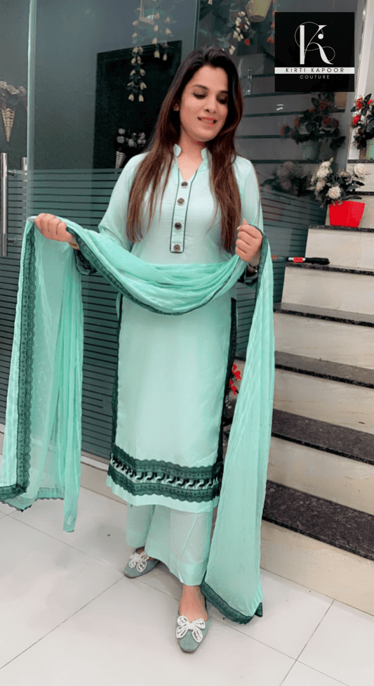 Sky Blue Designer Suit With Lace - Worked Dupatta (Peacock Highlights) - Kirti Kapoor Couture