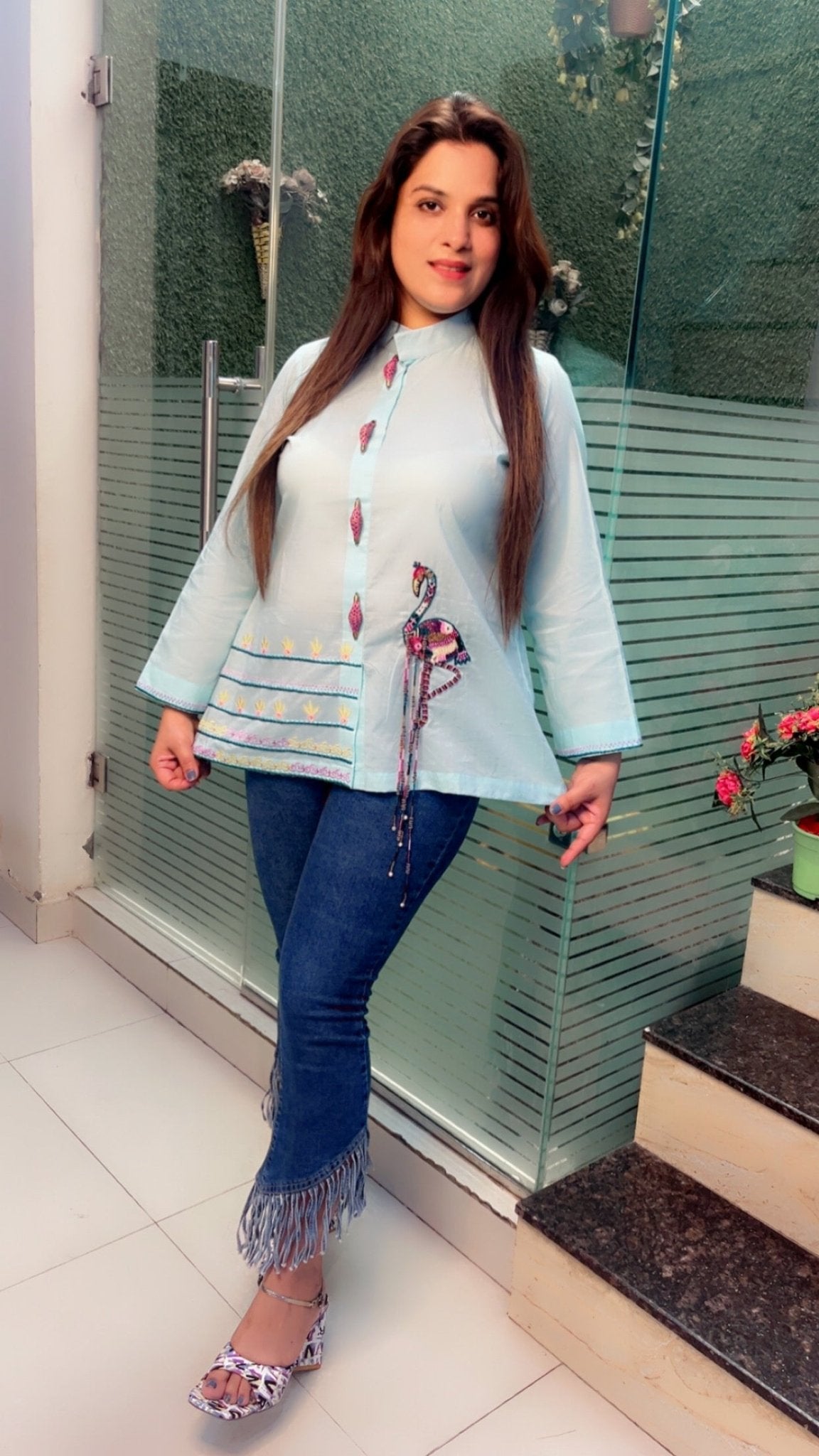 Sky blue embroidered shirt with a hand - worked Ostrich - Kirti Kapoor Couture