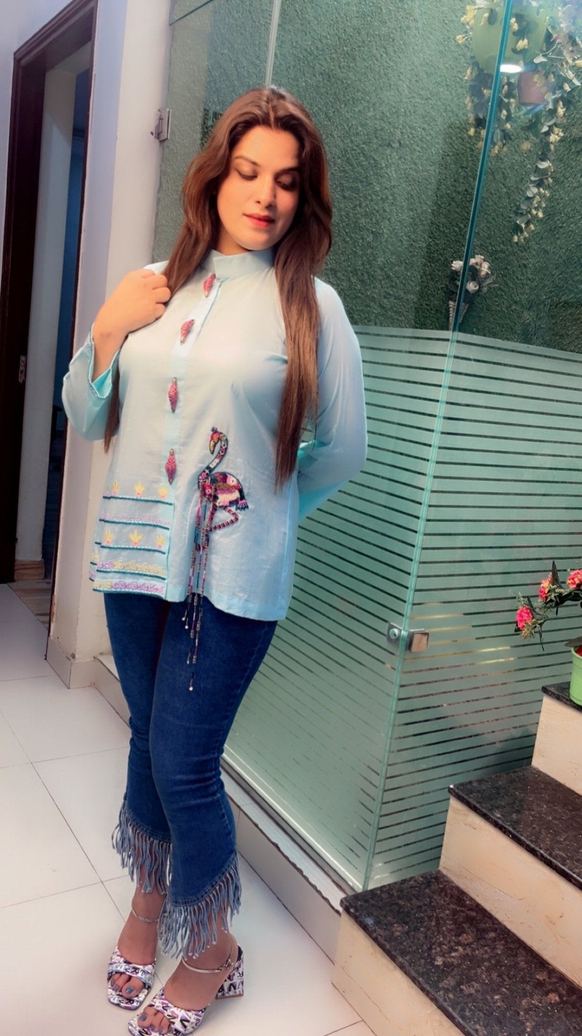 Sky blue embroidered shirt with a hand - worked Ostrich - Kirti Kapoor Couture