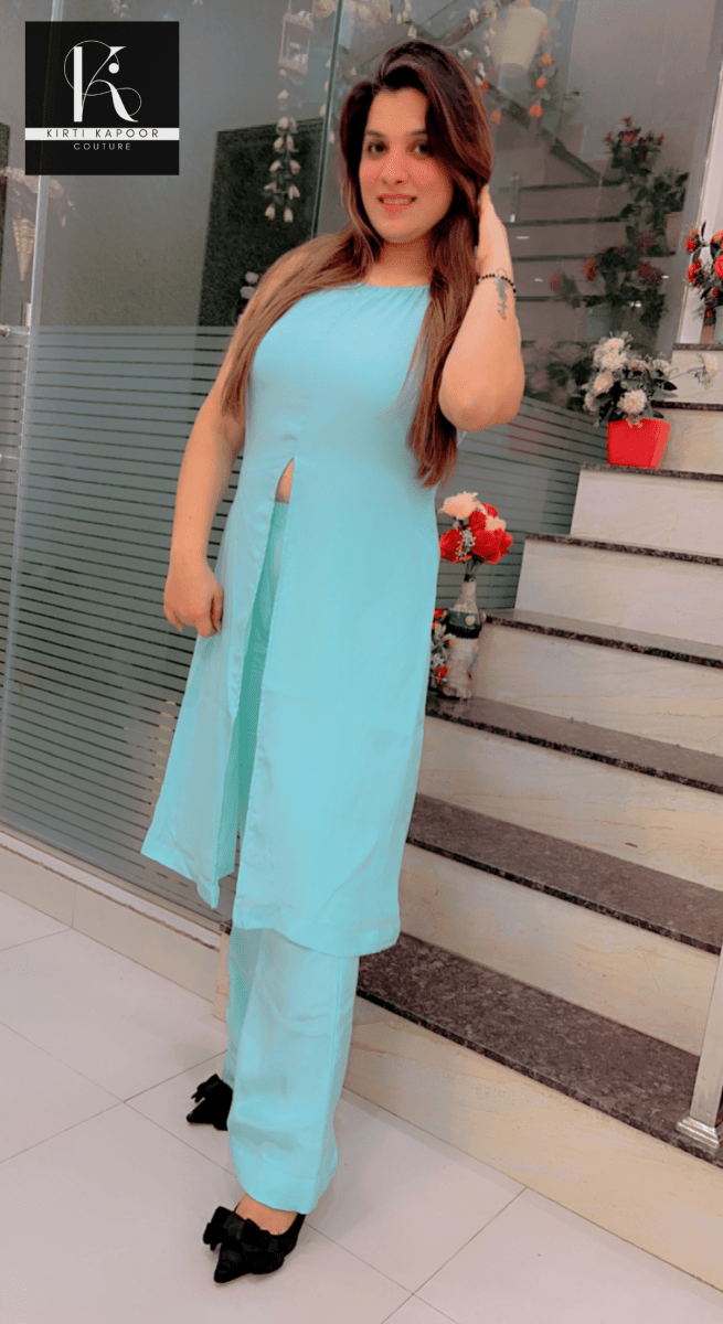 Sky blue Front - Cut Shirt with Pant Set - Kirti Kapoor Couture