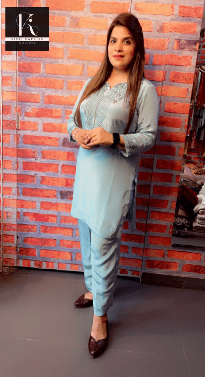 Sky Blue Hand - Embroidered Co - ord Set - Kirti Kapoor Couture