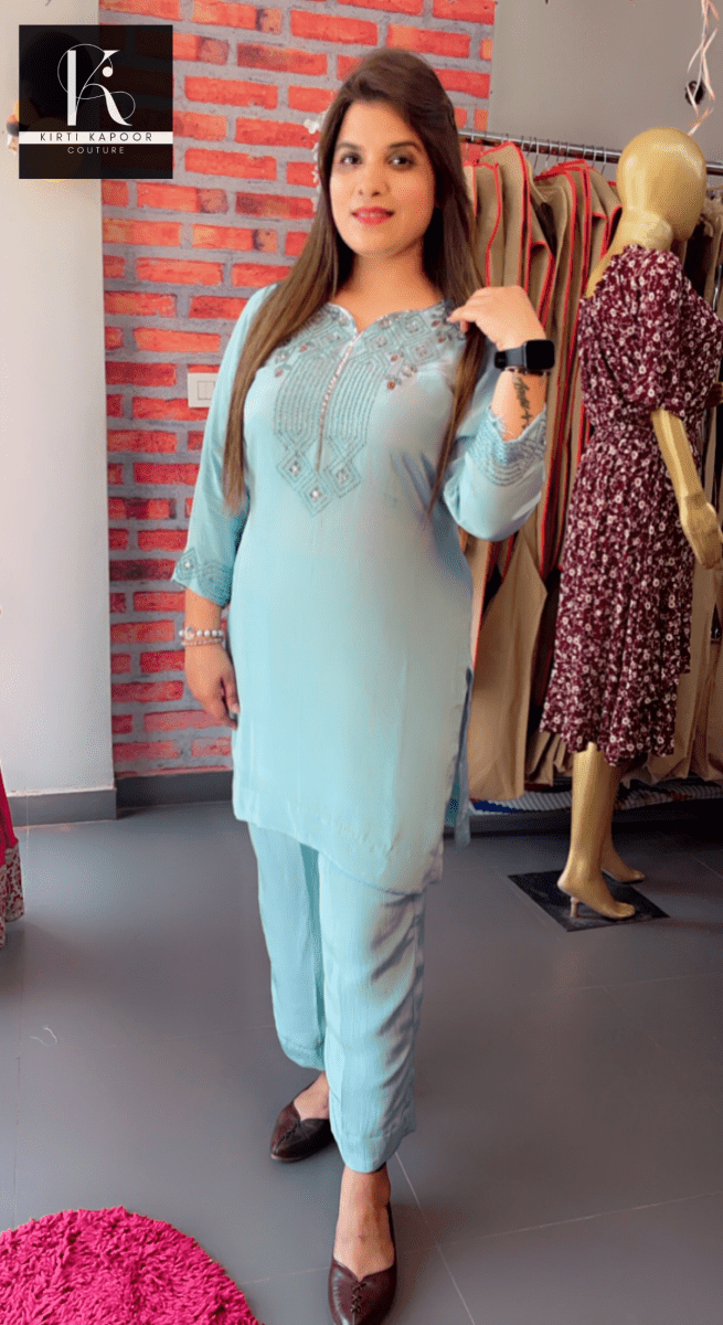 Sky Blue Hand - Embroidered Co - ord Set - Kirti Kapoor Couture