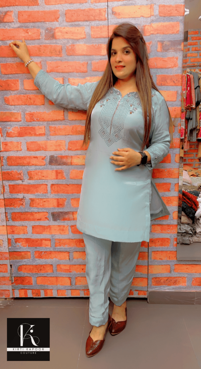 Sky Blue Hand - Embroidered Co - ord Set - Kirti Kapoor Couture