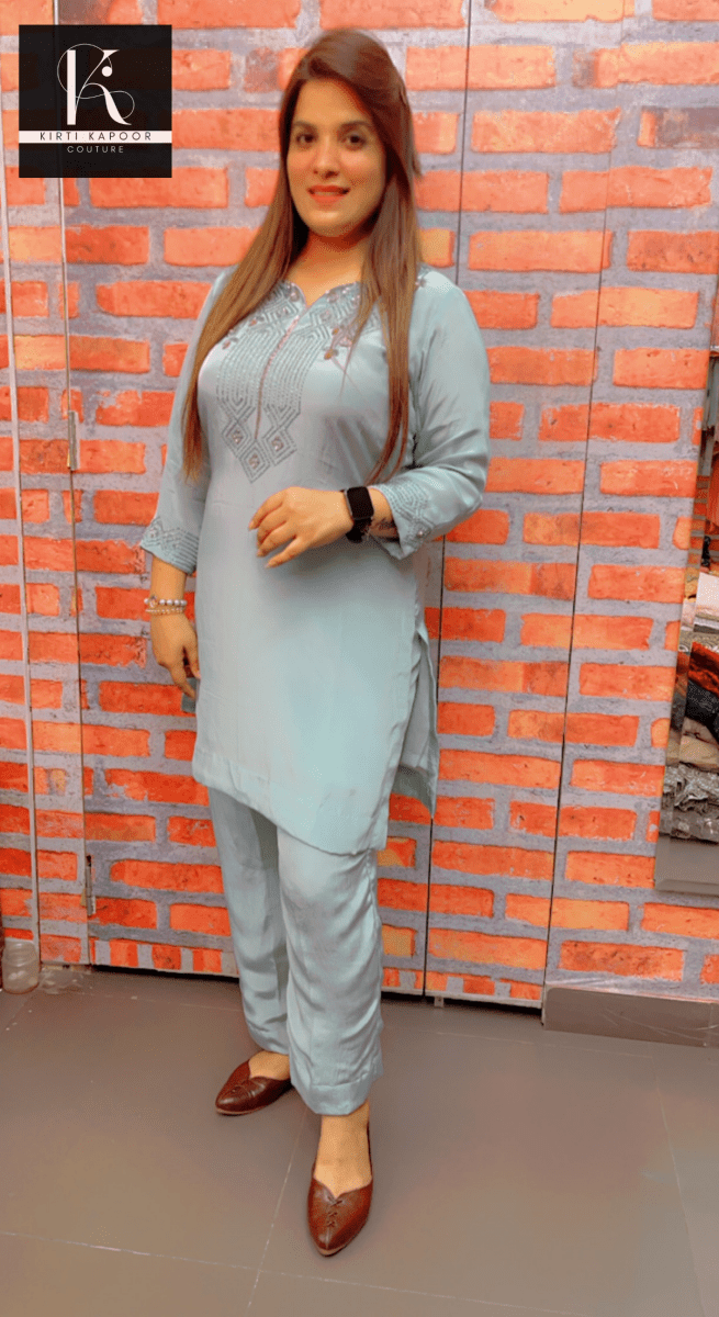 Sky Blue Hand - Embroidered Co - ord Set - Kirti Kapoor Couture