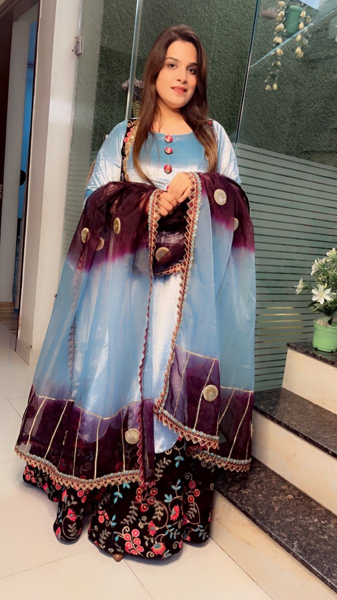 Sky Blue Silk Velvet Anarkali with Designer Organza Dupatta - Kirti Kapoor Couture