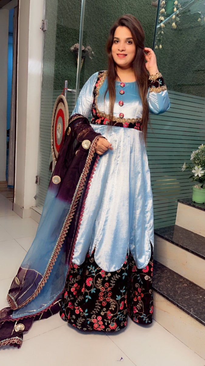 Sky Blue Silk Velvet Anarkali with Designer Organza Dupatta - Kirti Kapoor Couture