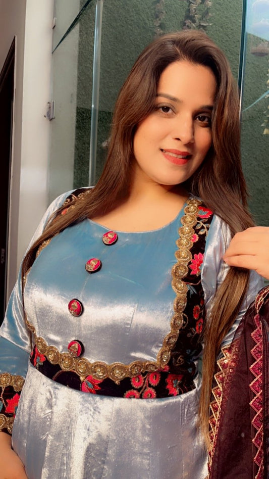 Sky Blue Silk Velvet Anarkali with Designer Organza Dupatta - Kirti Kapoor Couture