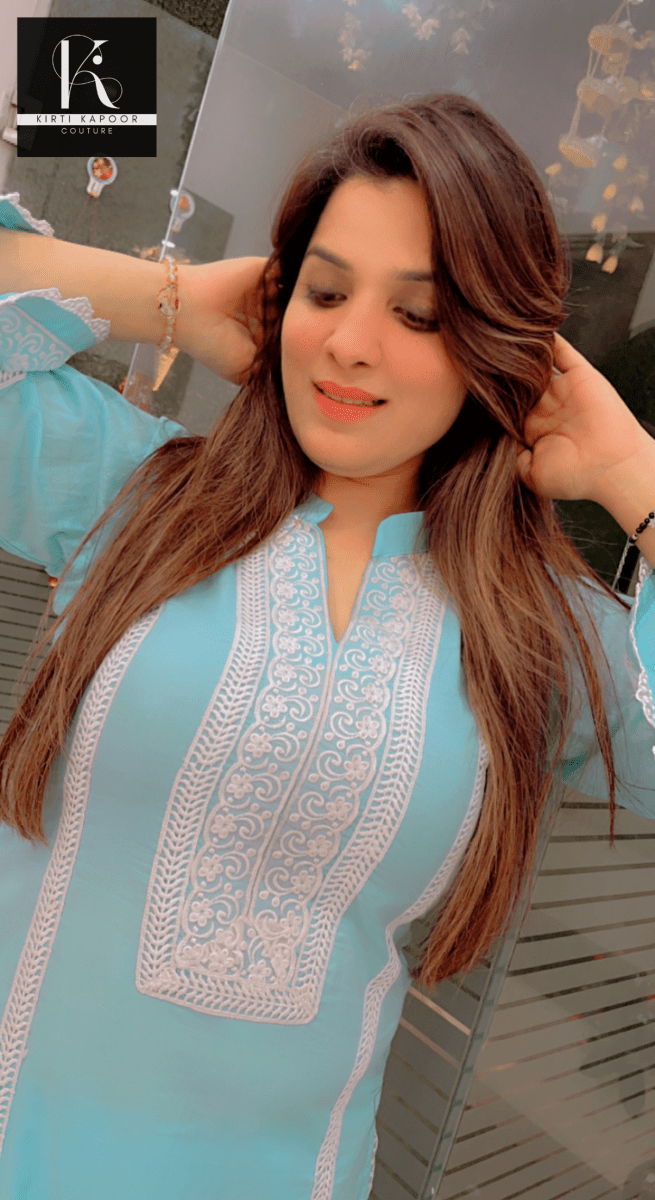 Sky - Blue Summer Co - ord Set (White Lace - Worked) - Kirti Kapoor Couture