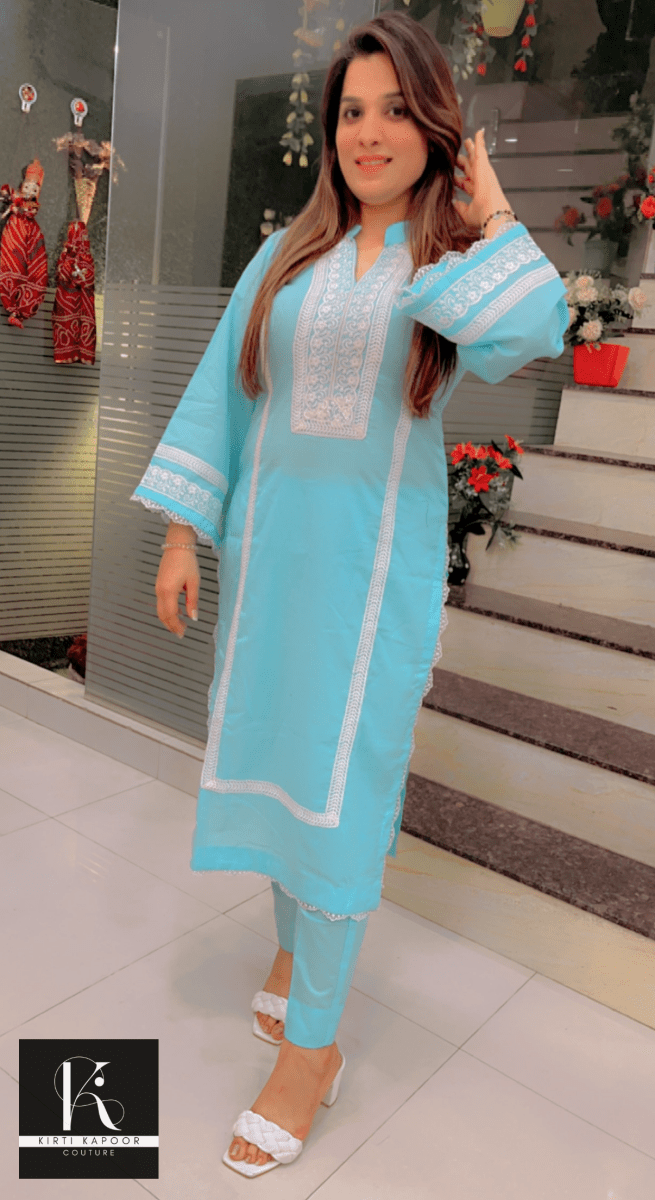 Sky - Blue Summer Co - ord Set (White Lace - Worked) - Kirti Kapoor Couture