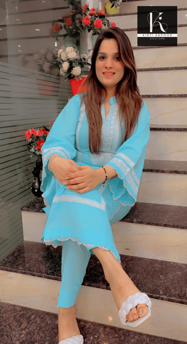 Sky - Blue Summer Co - ord Set (White Lace - Worked) - Kirti Kapoor Couture
