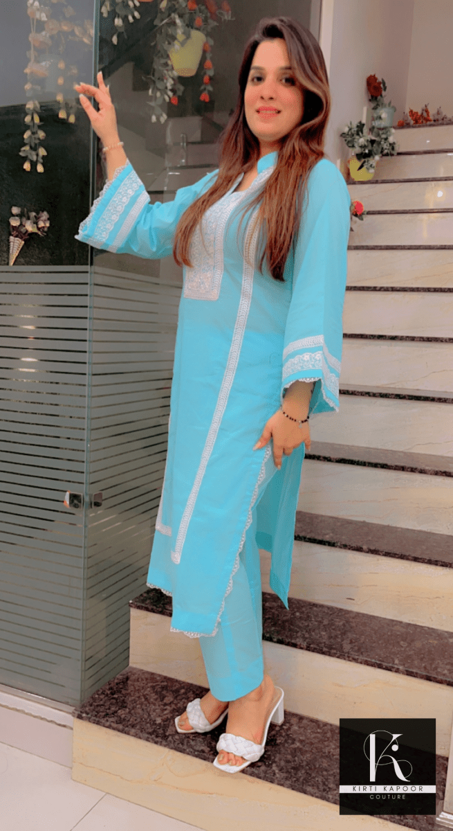 Sky - Blue Summer Co - ord Set (White Lace - Worked) - Kirti Kapoor Couture