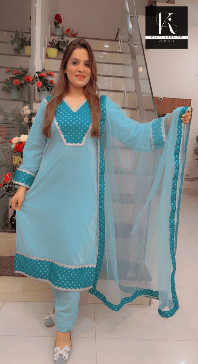 Sky Blue Velvet Suit with Brocade Highlighting - Kirti Kapoor Couture