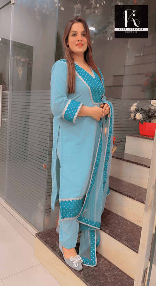 Sky Blue Velvet Suit with Brocade Highlighting - Kirti Kapoor Couture