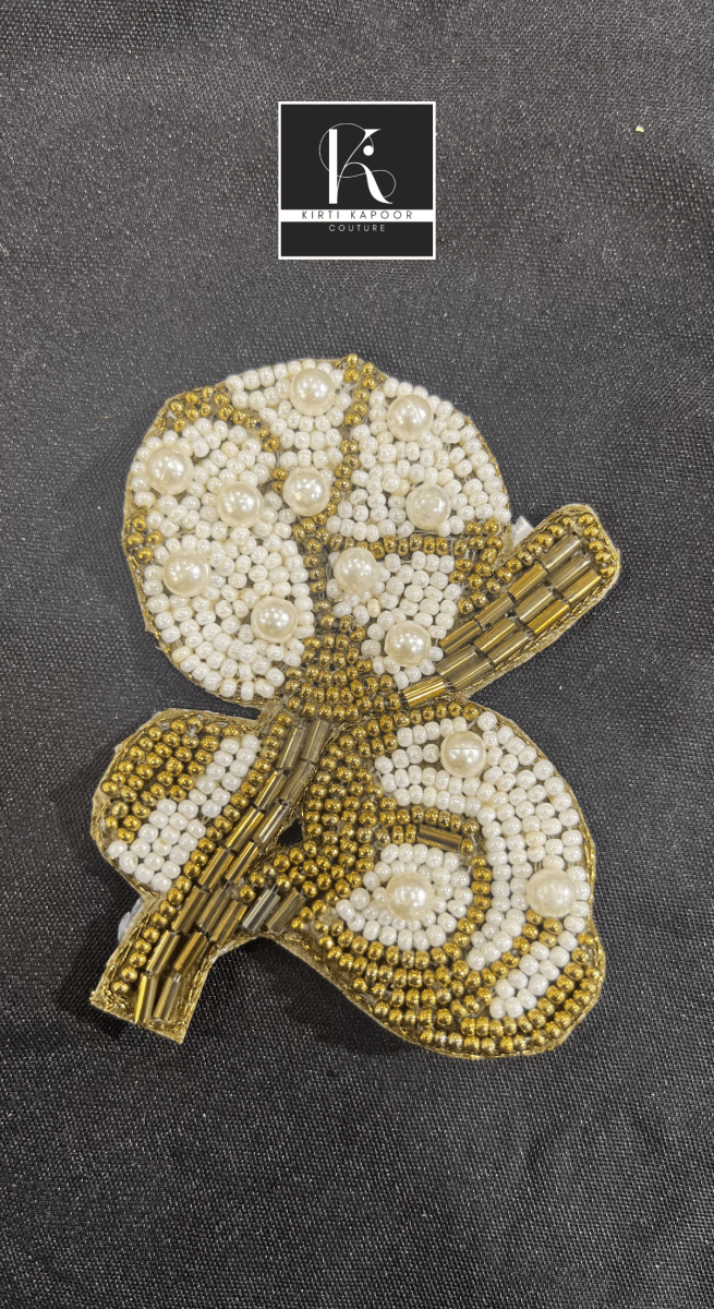 Small Beads Applique Patch For Suits (White + Gold) - Kirti Kapoor Couture