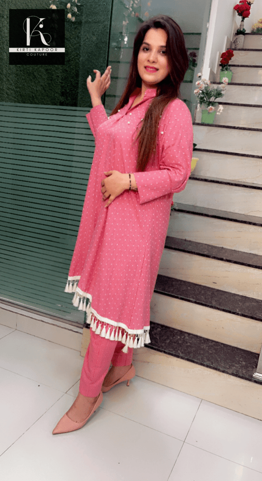 South - Cotton Pink Co - ord Set (With Tassel Lace) - Kirti Kapoor Couture