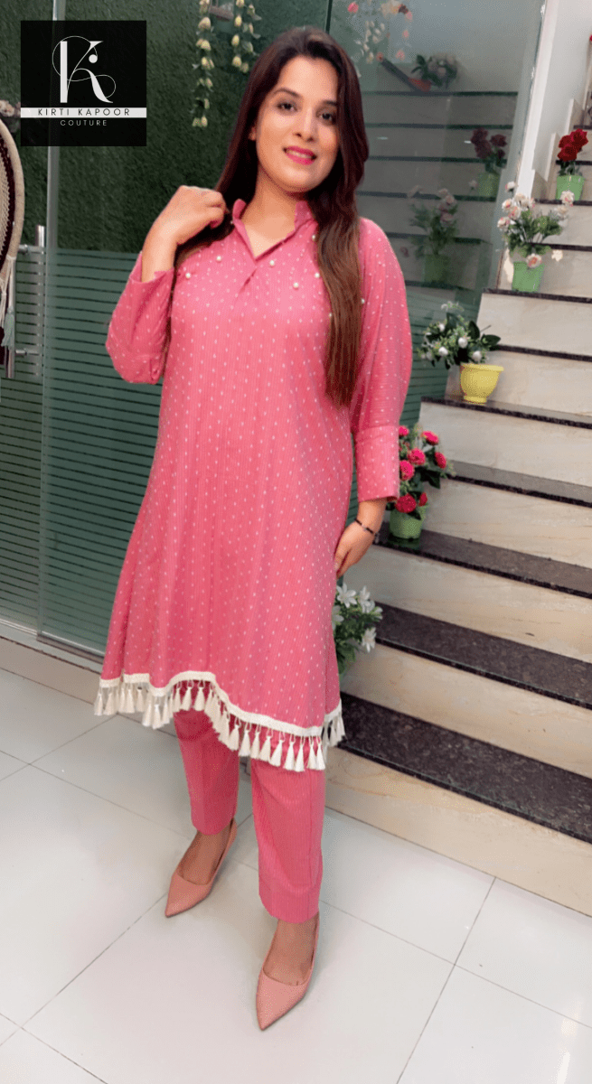 South - Cotton Pink Co - ord Set (With Tassel Lace) - Kirti Kapoor Couture