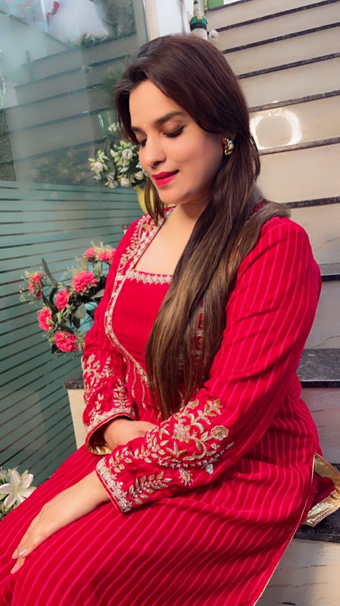 Stripped Velvet hot - pink Embroidered Kurti Set - Kirti Kapoor Couture