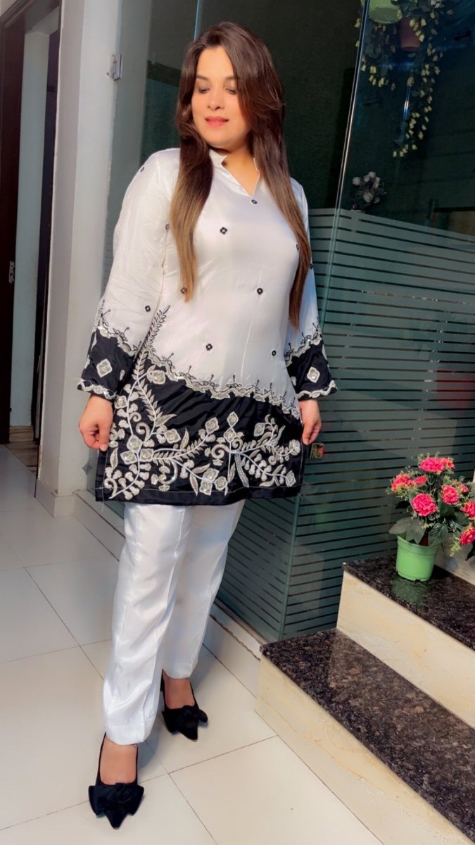 Stylish Black and White Embroidered Silk Co - ord Set - Kirti Kapoor Couture