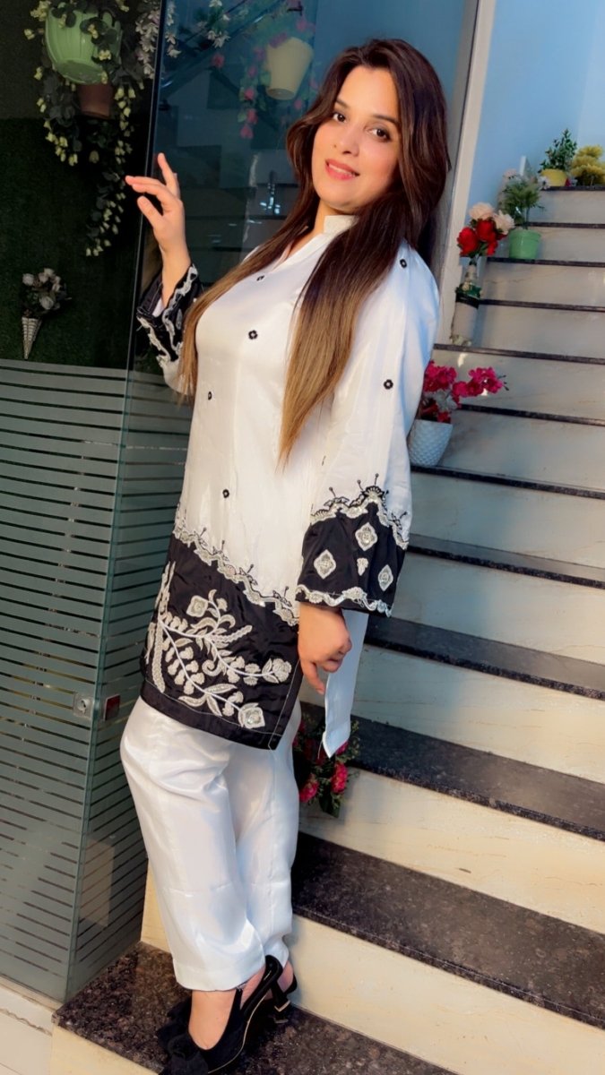 Stylish Black and White Embroidered Silk Co - ord Set - Kirti Kapoor Couture