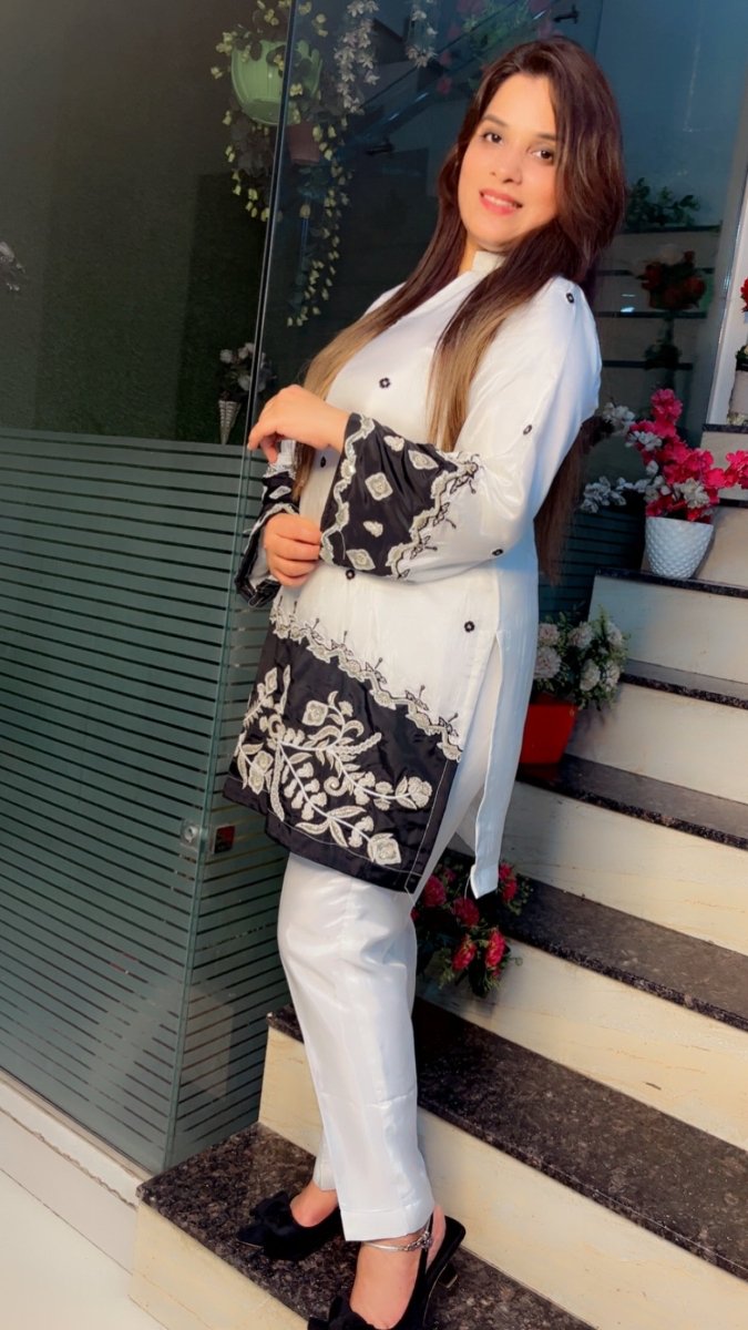 Stylish Black and White Embroidered Silk Co - ord Set - Kirti Kapoor Couture