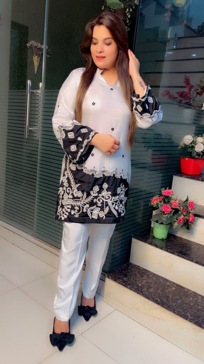 Stylish Black and White Embroidered Silk Co - ord Set - Kirti Kapoor Couture