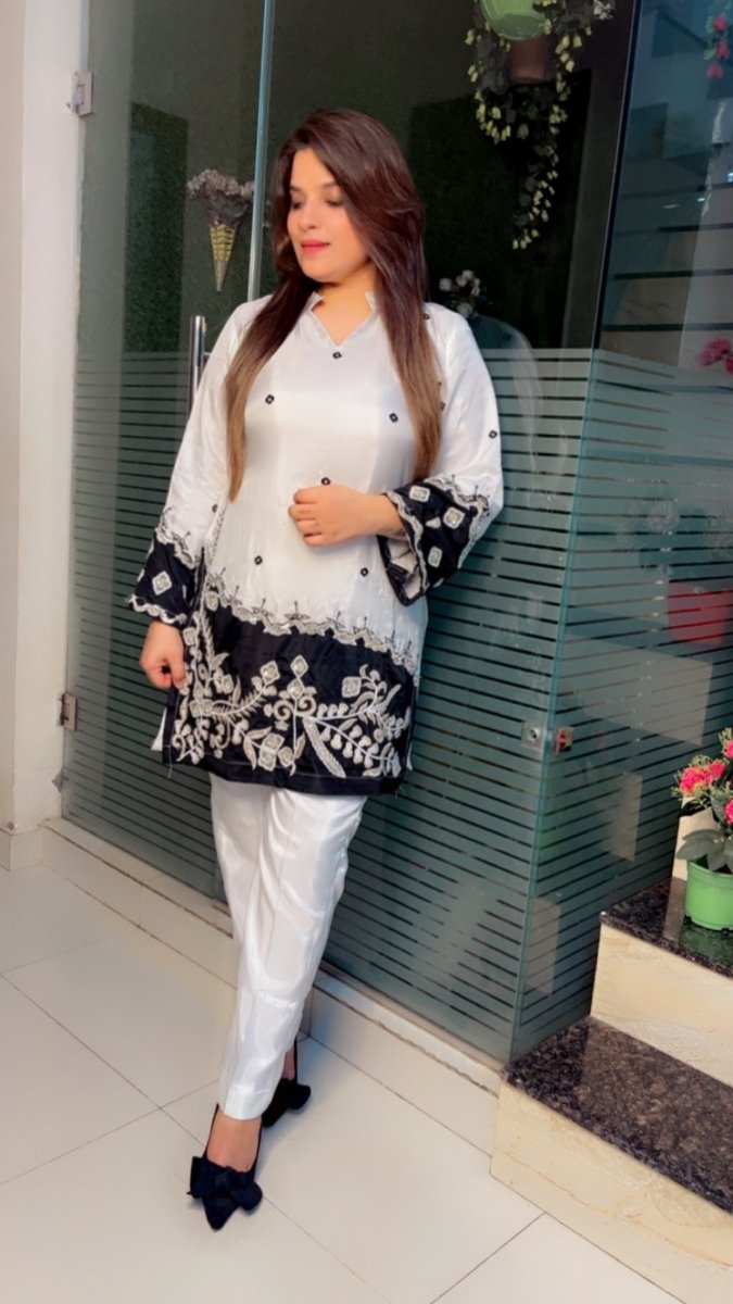 Stylish Black and White Embroidered Silk Co - ord Set - Kirti Kapoor Couture
