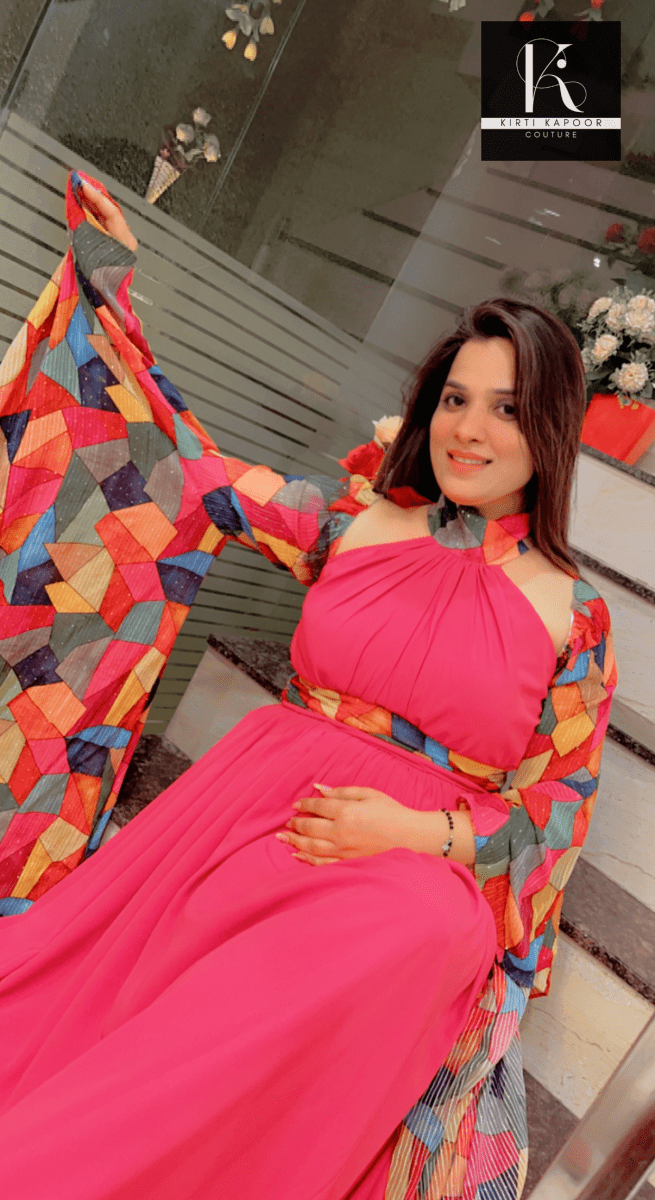 Stylish Pink Gown with Colorful Sleeves and Neck - Kirti Kapoor Couture