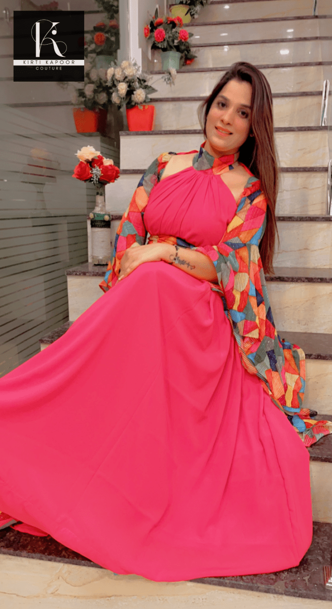 Stylish Pink Gown with Colorful Sleeves and Neck - Kirti Kapoor Couture