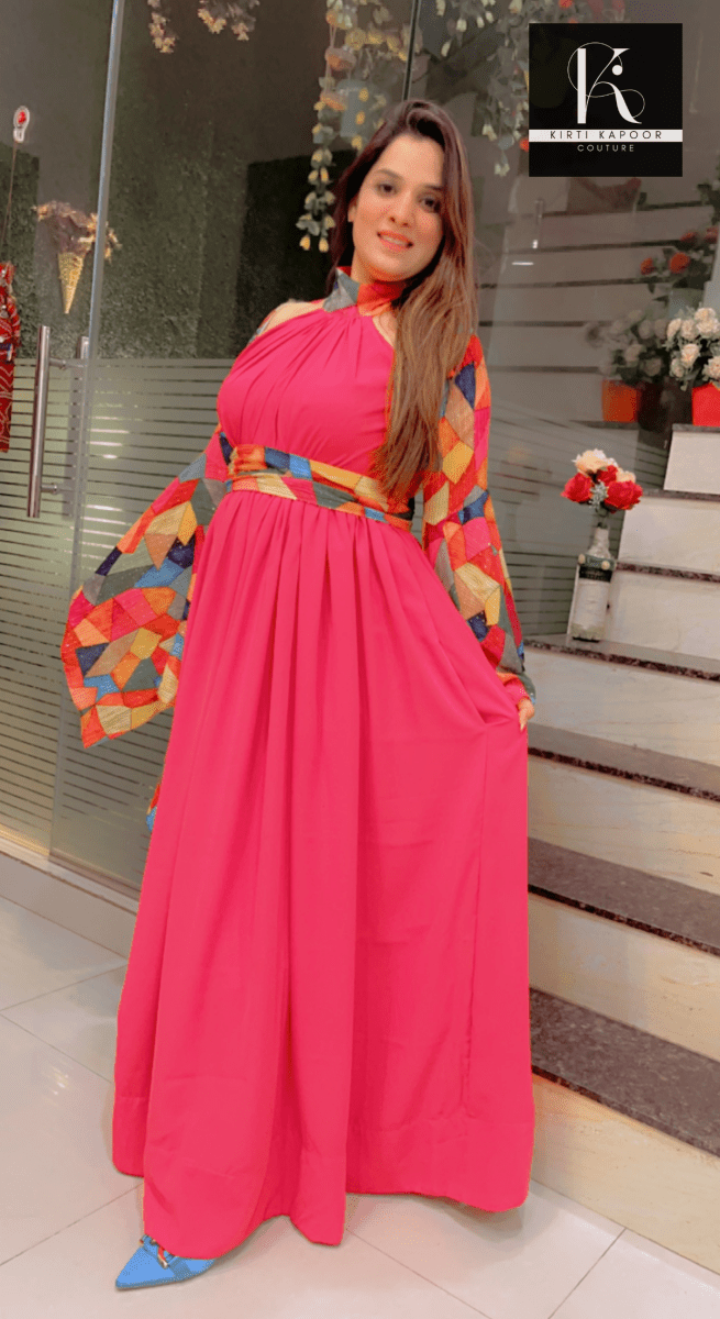 Stylish Pink Gown with Colorful Sleeves and Neck - Kirti Kapoor Couture