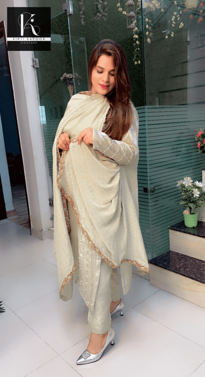 Tea Green Hand - Embroidered Suit with Mukaish Dupatta - Kirti Kapoor Couture
