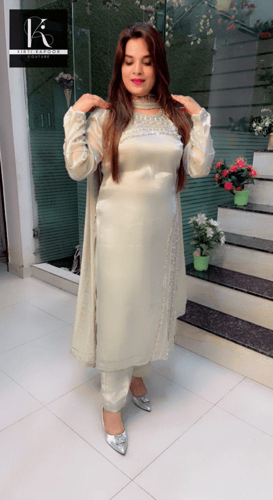 Tea Green Hand - Embroidered Suit with Mukaish Dupatta - Kirti Kapoor Couture