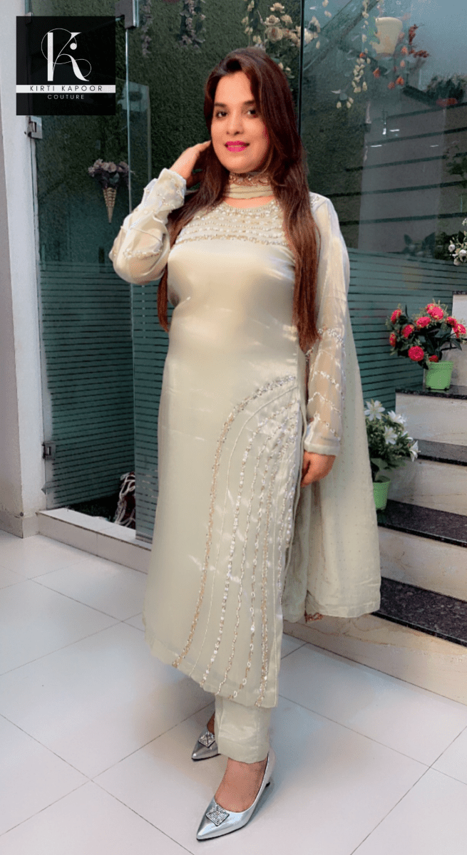 Tea Green Hand - Embroidered Suit with Mukaish Dupatta - Kirti Kapoor Couture